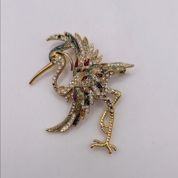 Jewelry - Vintage Gold Tone Multi Color Enamel Crystal Stork Bird Brooch Pin Collectible